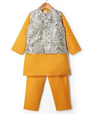 Babyhug Woven Full Length Kurta Pajama Set With Printed Jacket - Yellow
