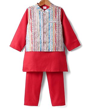 Babyhug Woven Full Sleeves Kurta Pajama Set With Printed Jacket - Red