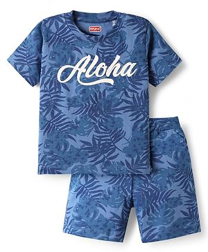 Babyhug Single Jersey Knit Half Sleeves T-Shirt & Shorts Co-Ord Set With Leaf Print - Blue