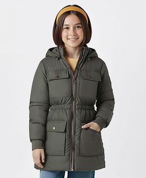 Pine Kids Woven Full Sleeves Solid Hooded Padded Jacket - Olive Green