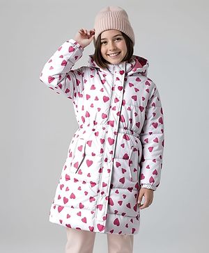 Pine Kids Woven Full Sleeves Hooded Padded Jacket With Heart Print - Pink