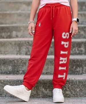 Pine Kids Cotton Knit Full Length Lounge Pant With Text Print - Red