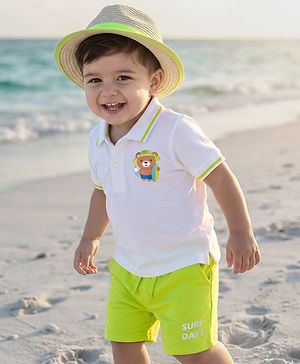 Babyhug Single Jersey  Knit Half Sleeves Polo T-Shirt and Shorts Set With Teddy Print - White & Neon Green