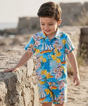Babyhug Single Jersey Knit Half Sleeves Co-ords Shirt & Shorts Set with Beach Theme Print - Light Blue