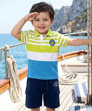 Babyhug Single Jersey Knit Polo T-Shirt & Shorts Set with Stripes - Navy Blue & Limegreen