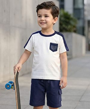 Babyhug Single Jersey Knit Half Sleeves Solid T-Shirt & Shorts Set - White & Blue