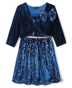 Hola Bonita Knit Full Sleeves Party Wear Sequinned Velvet Dress With Jacket - Teal