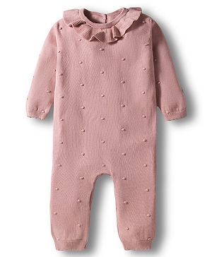 ToffyHouse Cotton Knit Full Sleeves Solid Color Romper with Frill Detailing - Pink