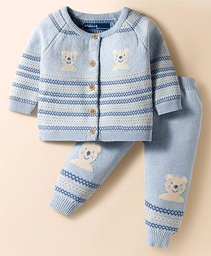 ToffyHouse Cotton Knitted Raglan Sleeves Front Open Winter Wear Set With Teddy & Aztec Print - Blue