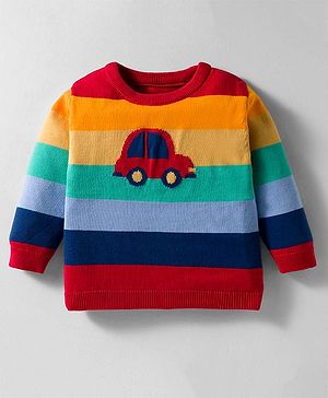 ToffyHouse Knitted Full Sleeves Striped Sweater with Car Print - Red