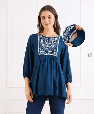 Bella Mama Woven Three Fourth Sleeves
                              Maternity Top With Floral Embroidered Yoke
                              - Navy Blue