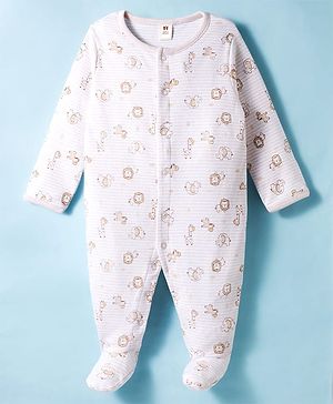 ToffyHouse Knit Full Sleeves Footed Romper With Animal Print - White & Tan