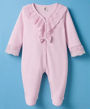 ToffyHouse Interlock Knit Full
                              Sleeves Footed Romper with Bow Applique
                              & Floral Crochet - Light Pink