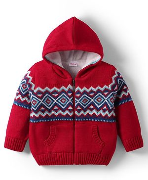 Babyhug Knitted Full Sleeves Front Open Hooded Sweater With Geometric Design - Red