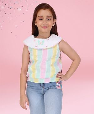 Cutecumber Woven Sleeveless Striped Butterfly Patch & Lace Detailed Top - Green