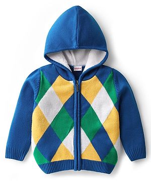 Babyhug Knit Full Sleeves Hooded Front Open Sweater With Checks Design - Blue