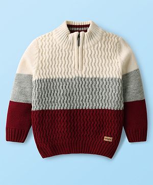 Babyhug Knit Full Sleeves High Neck Henley Style Striped Pullover Sweater With Cable Knit Design  - White