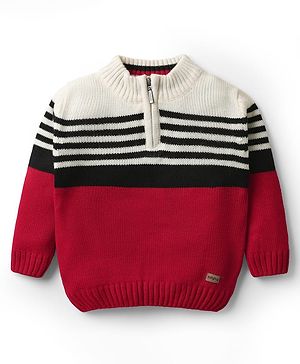 Babyhug Knitted Full Sleeves Pullovers with Color Block & Stripe Design - Red Black & White