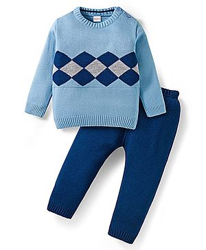 Babyhug Knit Full Sleeves Pullover Sweater Set with Geometry Design - Light Blue & Navy Blue