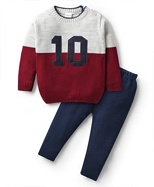 Babyhug Knitted Full Sleeves Pullover Sweater Set with Color Block Design - Grey Red & Navy Blue