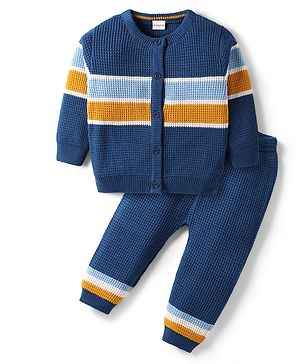 Babyhug Knitted Full Sleeves Front Open Sweater Set - Navy Blue