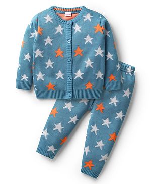 Babyhug Knitted Full Sleeves Front Open Sweater Set with Star Design - Blue