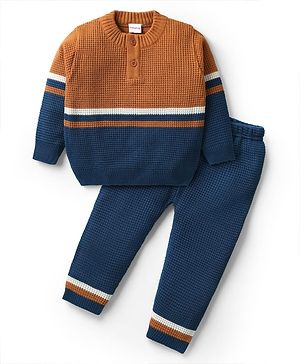Babyhug Knitted Full Sleeves Sweater Set with Henley Neck & Color Block Design - Ochre Brown & Navy Blue