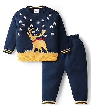 Babyhug Knit Full Sleeves Christmas Theme Printed Pullover Sweater Set - Navy Blue