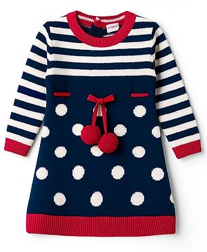 Babyhug Knit Full Sleeves Striped Woollen Dress with Pom Pom Detailing - Navy Blue & Red