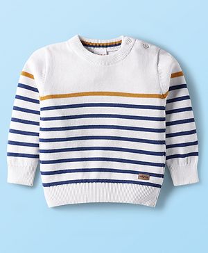 Babyhug Cotton Knitted Full Sleeves Pullover Striped Sweater - White & Blue