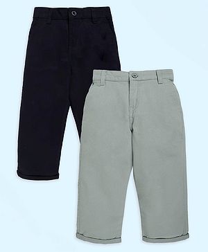 Kiddopanti Cotton Woven Pack Of 2 Solid Chinos - Black & Grey