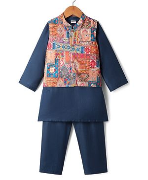 Babyhug Woven Full Sleeves Kurta Pajama Set With Printed Jacket - Teal Blue