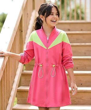 Pine Kids Cotton Knit Full Sleeves Winter Sweatshirt Dress With Cut & Sew Design - Dark Pink