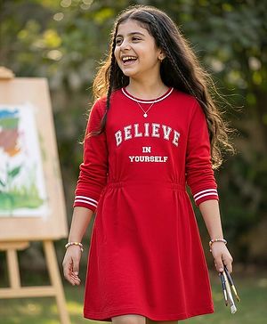 Pine Kids Cotton Knit Full Sleeves Winter Sweatshirt Dress With Believe in Yourself Text Print - Red
