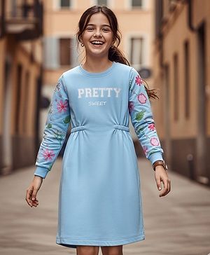 Pine Kids Cotton Knit Full Sleeves Frock With Floral Print - Light Blue