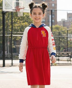 Pine Kids Cotton Knit Full Raglan Sleeves Hooded Sweatshirt Dress With Text Print - Red & White