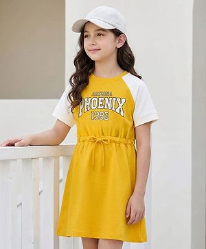 Pine Kids Cotton Knit Half Raglan Sleeves Sweatshirt Dress With Text Print - Yellow