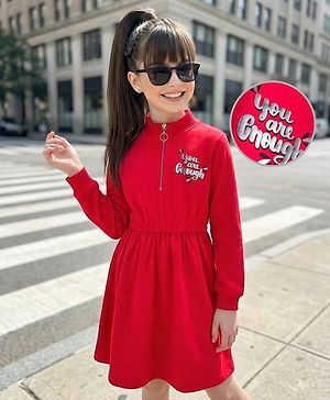 Pine Kids Cotton Knit Full Sleeves Winter Sweatshirt Dress With You are Enough Text Print - Red