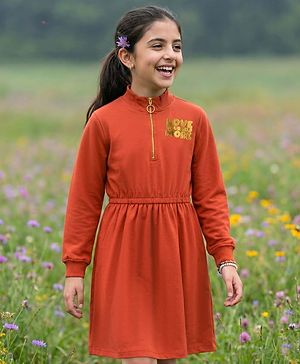Pine Kids Cotton Knit Full Sleeves Sweatshirt Dress With Text Foil Print - Red