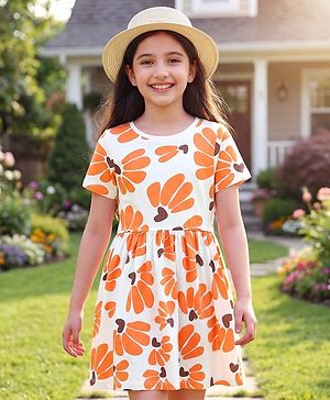 Pine Kids Cotton Knit Half Sleeves Frock with Floral Print - Peach