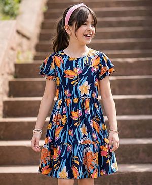 Pine Kids 100% Cotton Half Sleeves Floral Printed Frock - Multicolour