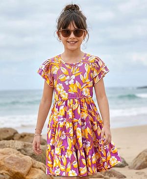 Pine Kids Cotton Knit Flutter Sleeves Frock With Floral Print - Plum & Yellow