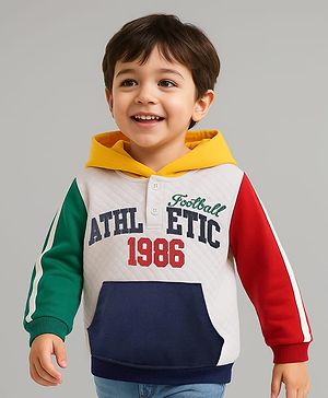 Babyhug Cotton Knit Full Sleeves Hooded Sweatshirt With Text Embroidery & Kangaroo Pockets - Multicolor