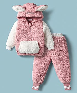 Mark & Mia Full Sleeves Winter Wear Fur Hooded Sweatshirt & Lounge Pant Set With Ear Applique & Kangaroo Pockets - Dark Pink & White