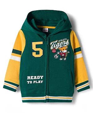 Babyhug Cotton Knit Full Sleeves Front Open Hooded Sweatshirts with Kangaroo Pockets & Athletic Tigers Text Print - Dark Green