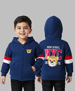 Babyhug Cotton Knit Full Sleeves Hooded Sweatjacket With Front & Back Lion Graphics & Kangaroo Pockets - Navy Blue