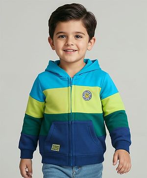 Babyhug Cotton Knit Full Sleeves Front Open Hooded Sweatjacket With Colour Blocks - Multi Colour