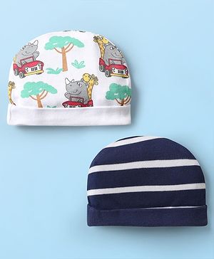 Babyhug 100% Cotton Stripes & Jungle Theme Printed Caps Pack Of 2 Multi Colour - Diameter 15 cm