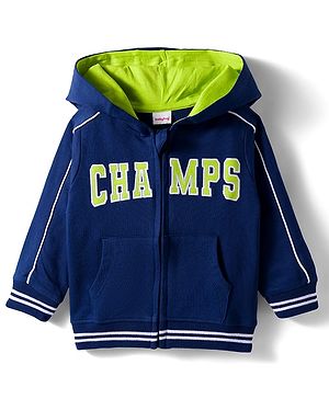 Babyhug Cotton Knit Full Sleeves Hooded Sweatjacket With Champs Embroidery & Kangaroo Pockets - Navy Blue