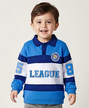 Babyhug Cotton Knit Full Sleeves Collared Sweatshirt with Sport Theme Print - Blue & White